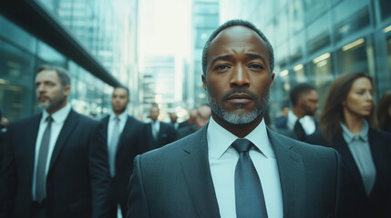 Confident businessman walking through a city, surrounded by colleagues.  A powerful image of leadership and success.