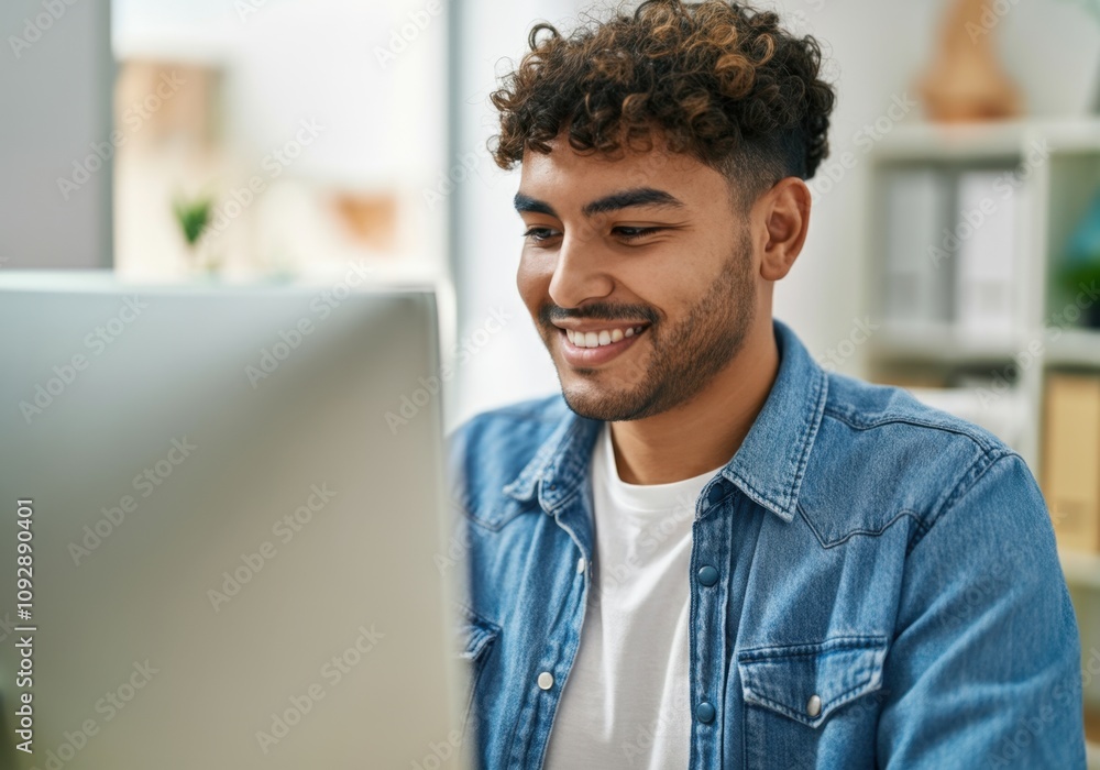 Poster young hispanic manager smiling and working with computer at office