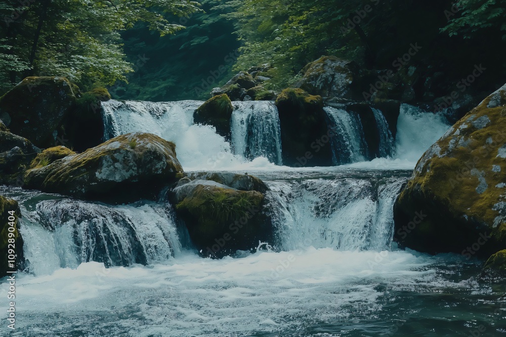 Poster mountain river is cascading over rocks in a forest, creating multiple small waterfalls and rapids