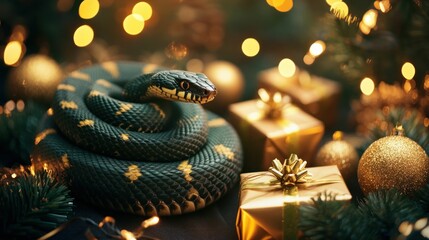 Snake, holiday, Christmas, decorations, gifts, lights, festive, cozy, green, gold, nature, celebration, winter, seasonal, wrapped presents, blurred background, shining bokeh lights, vibrant colors, t