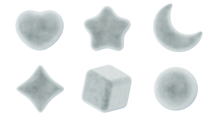 3d icon collection set, heart, star, moon, twinkle, cube and circle, gray velvet velour material, png isolated background