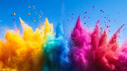 Vibrant powders explode in mid-air, creating a colorful display during Holi celebrations in a festive environment under a bright blue sky