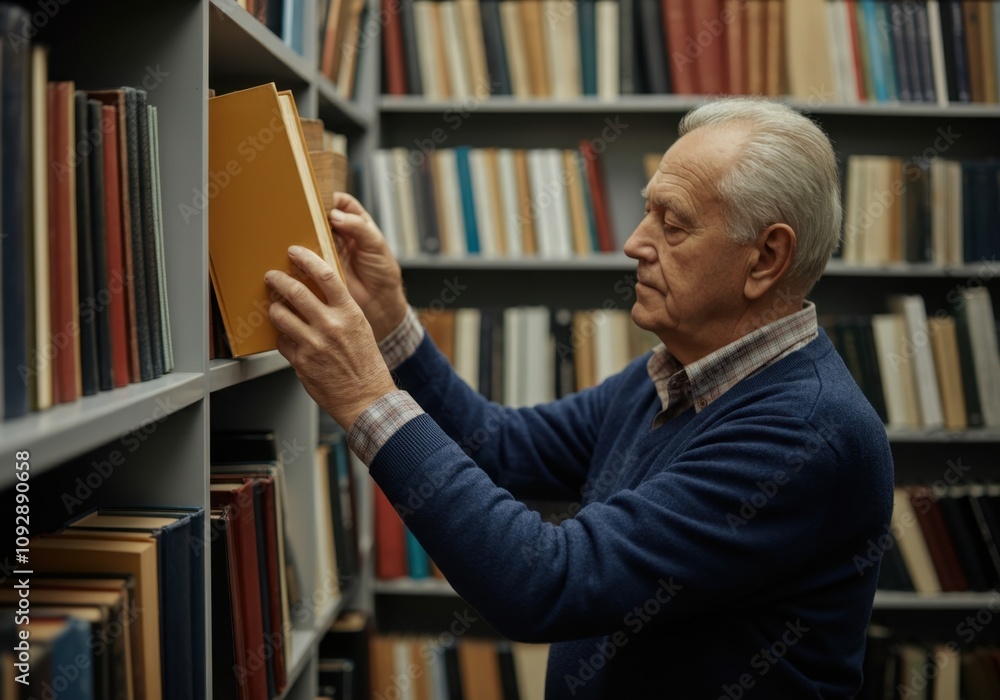 Poster elderly librarian picking a book from a bookshelf in a public library, surrounded by knowledge and l
