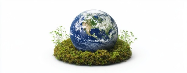 Earth on Moss-Covered Background with Sprouting Plants. AI generated illustration
