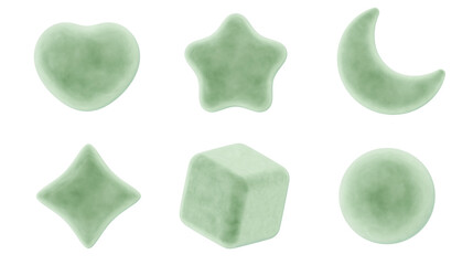 3d icon collection set, heart, star, moon, twinkle, cube and circle, soft sage green velvet velour material, png isolated background