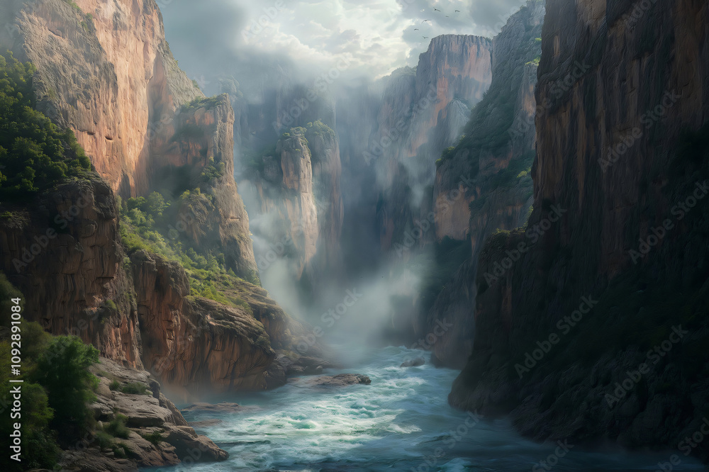 Poster powerful river is flowing through a deep canyon surrounded by cliffs and fog with dramatic clouds ov