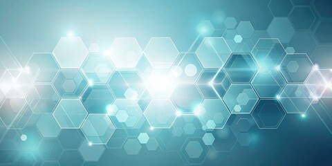 Abstract design featuring luminous hexagonal shapes on a white background, perfect for technology, science, and medical themes, embodying innovation and modern aesthetics.