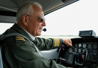 Senior commercial airline pilot wearing sunglasses and headset piloting airplane from cockpit