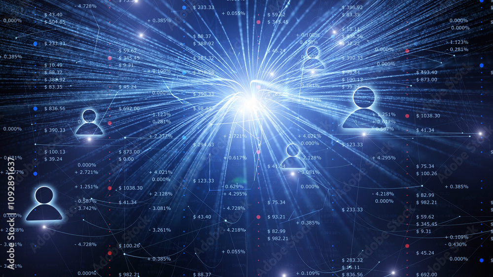 Poster abstract shiny network with business data and people icons illustration.