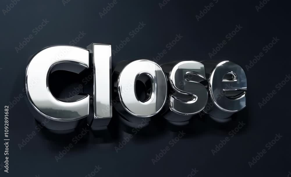 Poster close in modern chrome letters on dark background creates sleek design that emphasizes clarity and f