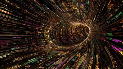 Obraz premium Data Processing in Large Language Model: Abstract 3D Render with Colorful Text and Symbols on Dark Background