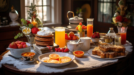 a cozy table with a luxurious breakfast. In the center of the composition are a stack of golden pancakes with whipped cream, fresh fruits (apples, strawberries, oranges), 