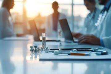A medical team, including doctors in lab coats, collaborate in a sunlit office with laptops and medical equipment around, symbolizing healthcare and teamwork.