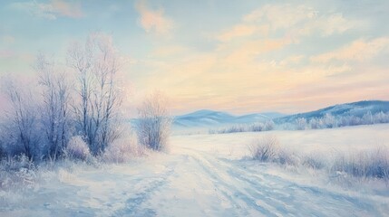 Winter landscape painting snowy hills art piece tranquil environment scenic view nature's beauty