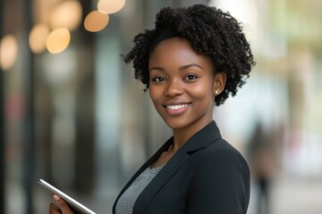 Obraz premium Confident businesswoman with a warm smile holding a tablet in a professional setting 