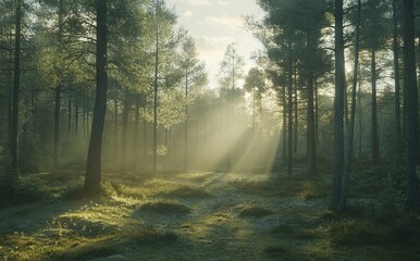Fototapeta premium Spring Forest Landscape with Tall Pine Trees at Sunrise, AI generated illustration