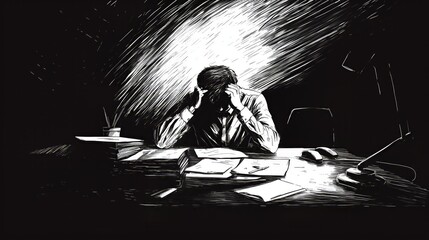 depressed office worker, black and white ink comic style - Generative AI