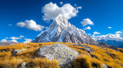 A mountain with a cloud in the sky. The sky is blue and the mountain is covered in snow