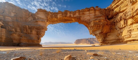 Photo of Al Ula's Rainbow Bridge in Saudi Arabia, an arch shaped rock formation in the desert with clear blue sky.
