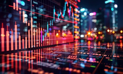 A digital display of stock market data with vibrant colors and reflections. - Powered by Adobe