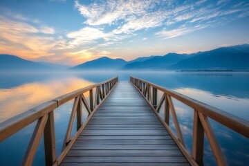 Fototapeta premium Wooden Bridge Over Calm Sea Water at Sunset, AI generated illustration