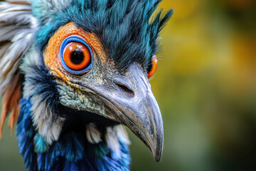 Close-up of a striking cassowary with vibrant blue feathers and bright orange eyes, showcasing its intense gaze and distinctive features against a blurred background.