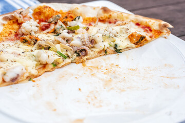 Seafood pizza with vegetables on table, Food background.