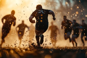 Intense rugby scene captures players in dynamic movement racing on a muddy field, highlighting sportsmanship, physical strength, and competitive spirit at sunset.