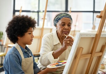 Senior woman artist is teaching a young boy how to paint in an art class