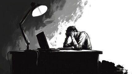 depressed office worker, black and white ink comic style - Generative AI