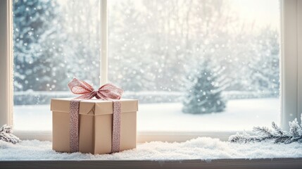 A single elegant gift box by a large clear window, with frosted trees and a serene snowfall in the background