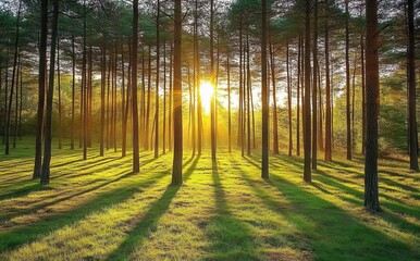 Fototapeta premium Dense Pine Forest at Sunrise with Sunlight Filtering Through Trees. AI generated illustration
