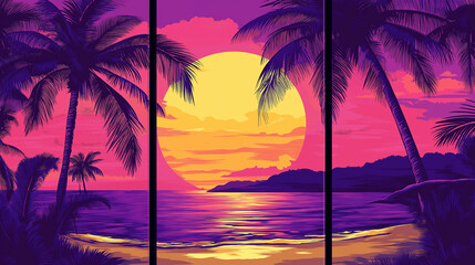 3 panel wall art. Pop art tropical beach sunset with palm tree. Colorful background in pop art retro. Pop art poster usable for interior design.