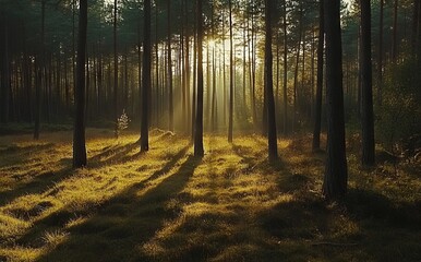 Obraz premium Dense Pine Forest at Sunrise with Sunlight Filtering Through Trees. AI generated illustration