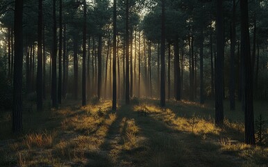 Fototapeta premium Dense Pine Forest at Sunrise with Sunlight Filtering Through Trees. AI generated illustration