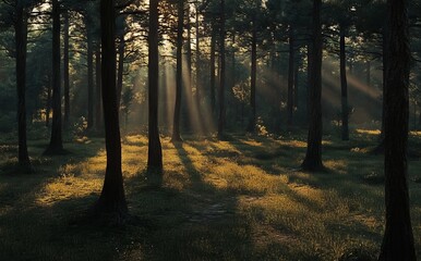 Obraz premium Dense Pine Forest at Sunrise with Sunlight Filtering Through Trees. AI generated illustration