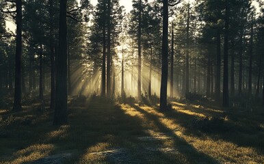 Fototapeta premium Dense Pine Forest at Sunrise with Sunlight Filtering Through Trees. AI generated illustration