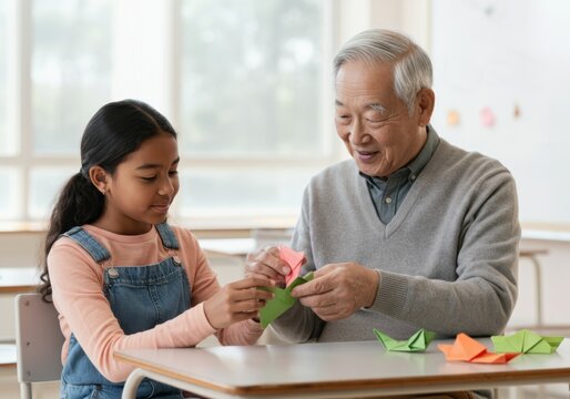 Grandfather and granddaughter enjoying their time together making origami