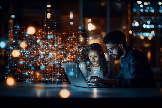 Two individuals are collaborating on a laptop at night, surrounded by a virtual data display, representing teamwork and digital innovation in a modern workspace. - Powered by Adobe