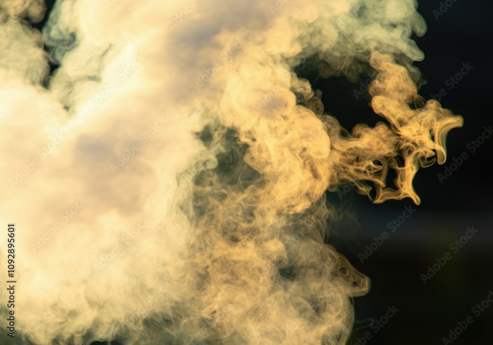 Poster smoke billowing against a dark backdrop, creating an abstract and ethereal atmosphere