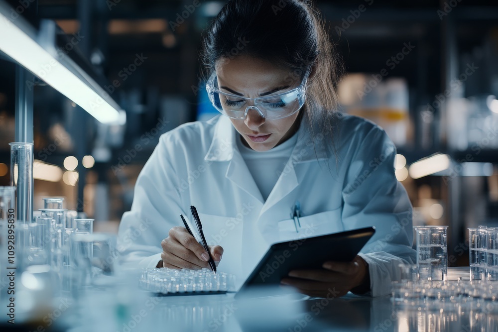 Poster a focused scientist wearing safety goggles and a lab coat writes notes while conducting experiments,