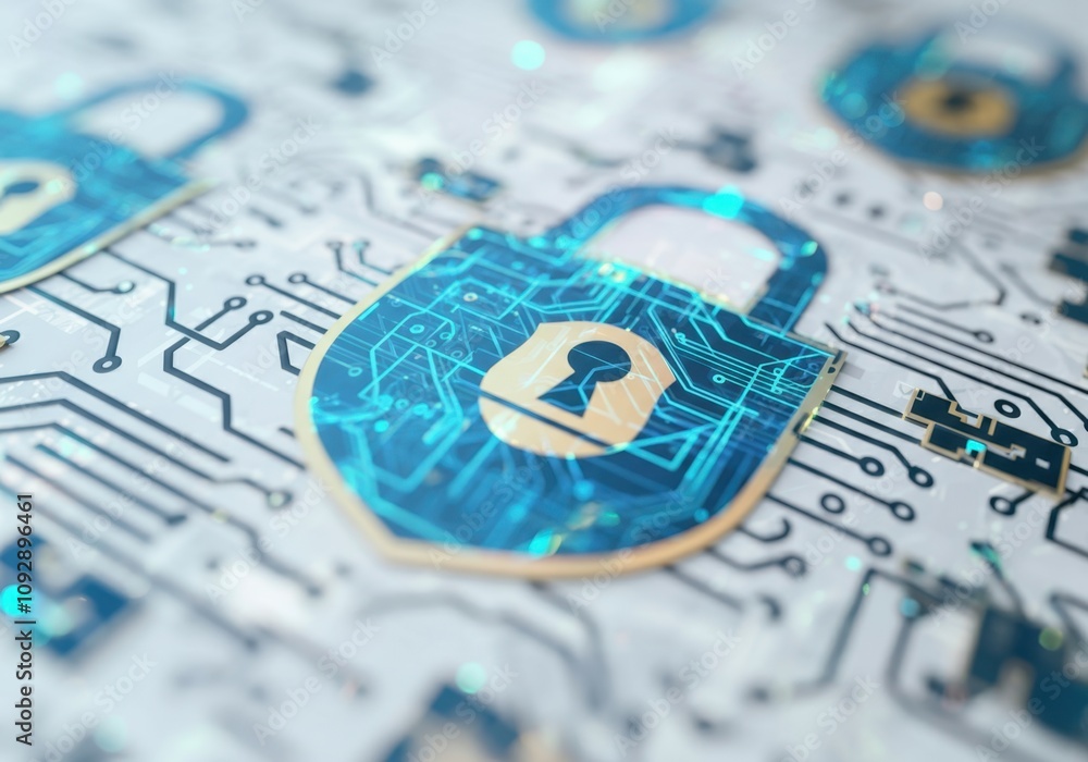 Poster padlock icon on circuit board symbolizes cybersecurity, protecting sensitive data in digital world