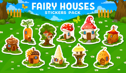 Fairytale gnome and elf house buildings stickers pack set, fairy forest village vector background. Cartoon cute gnome tree houses, mushroom, carrot, corn and snail shell home buildings stickers set