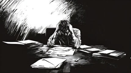 depressed office worker, black and white ink comic style - Generative AI