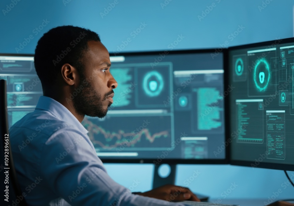 Poster it specialist is working on cyber security, using multiple computer screens showing padlock icon and
