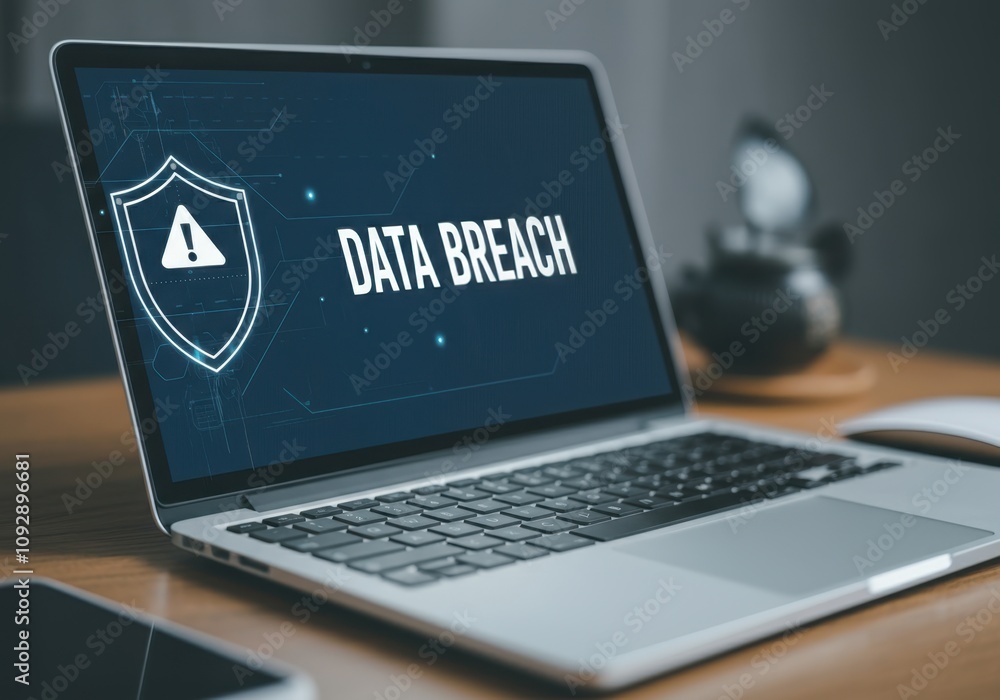 Poster laptop computer displaying data breach warning, highlighting cyber security threats and vulnerabilit