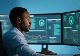 It specialist is working on cyber security, using multiple computer screens showing padlock icon and data graph