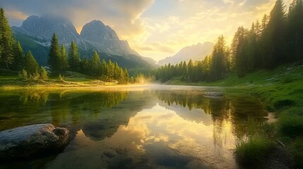 Stunning Nature Scenery with Clear Mountain Lake and Forest at Dawn in the Dolomites, Italy. AI generated illustration