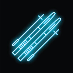 Bright blue neon sign depicting cross country skis and poles for winter sports advertising