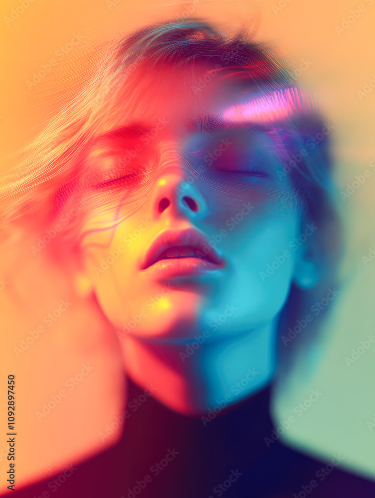 Poster a serene face with colorful, swirling light patterns creating an expression of calm and introspectio